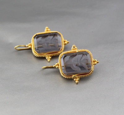 Blue Glass Intaglio Earrings, Victorian Bridal Gold, photo 5