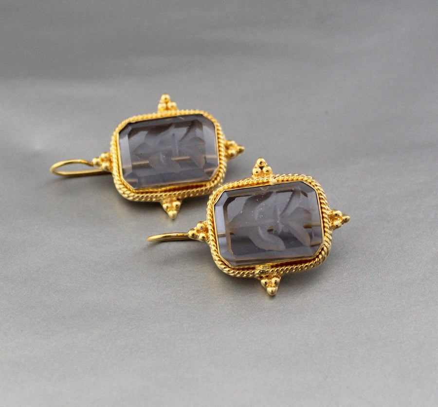 Blue Glass Intaglio Earrings, Victorian Bridal Gold, photo 5