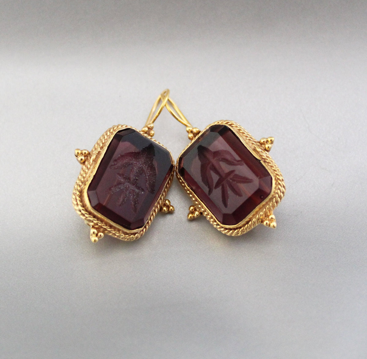 Purple Glass Intaglio Earrings, Art Deco Style, photo 6