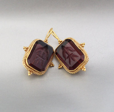 Purple Glass Intaglio Earrings, Art Deco Style, photo 6
