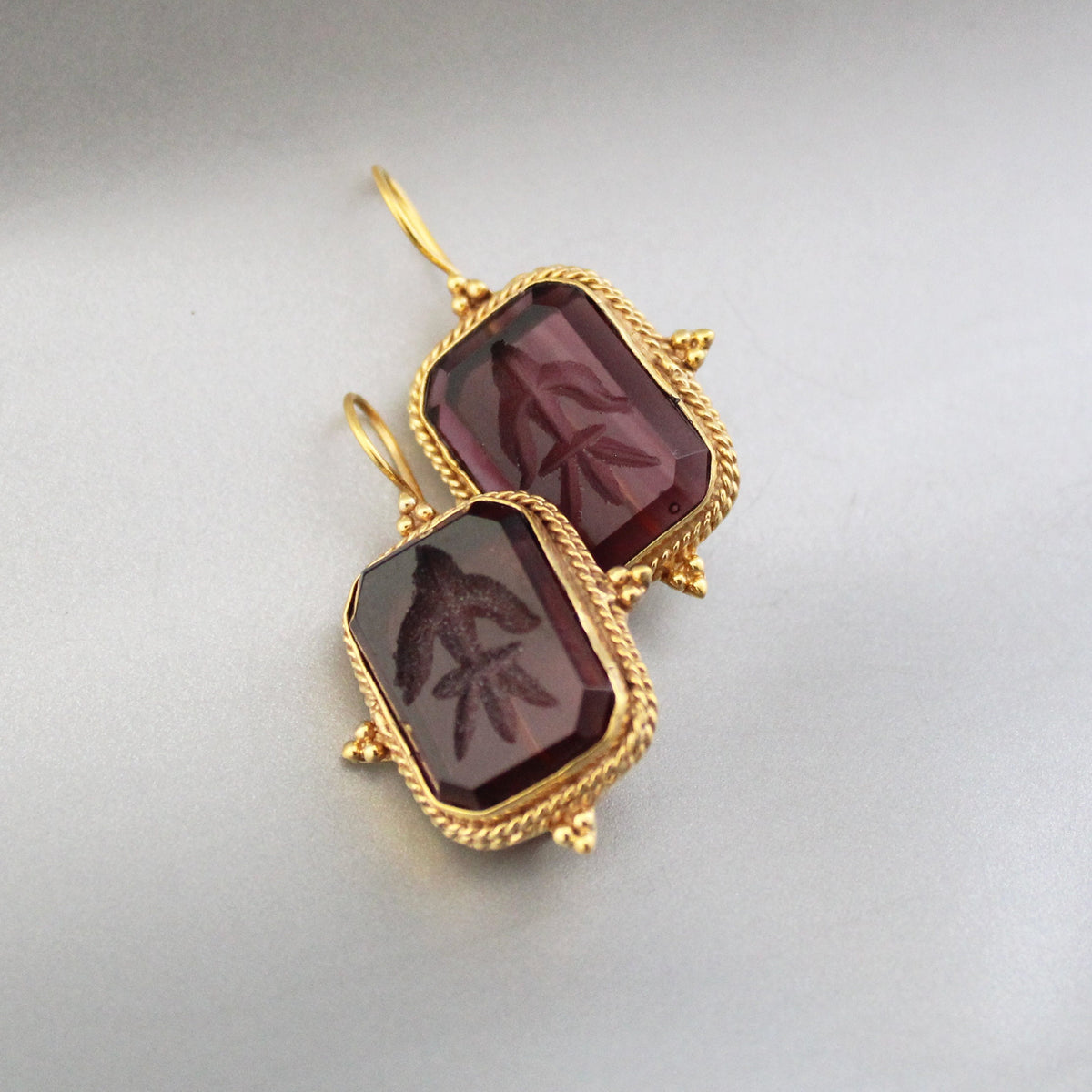 Purple Glass Intaglio Earrings, Art Deco Style, photo 5