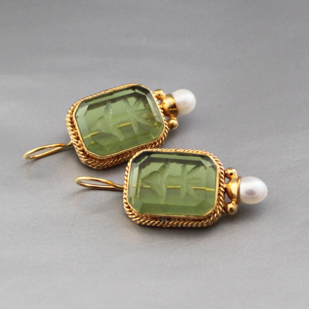 Green Glass Intaglio Earrings, Bridal Pearl Accent, Brass, photo 6