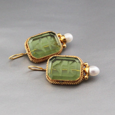 Green Glass Intaglio Earrings, Bridal Pearl Accent, Brass, photo 6