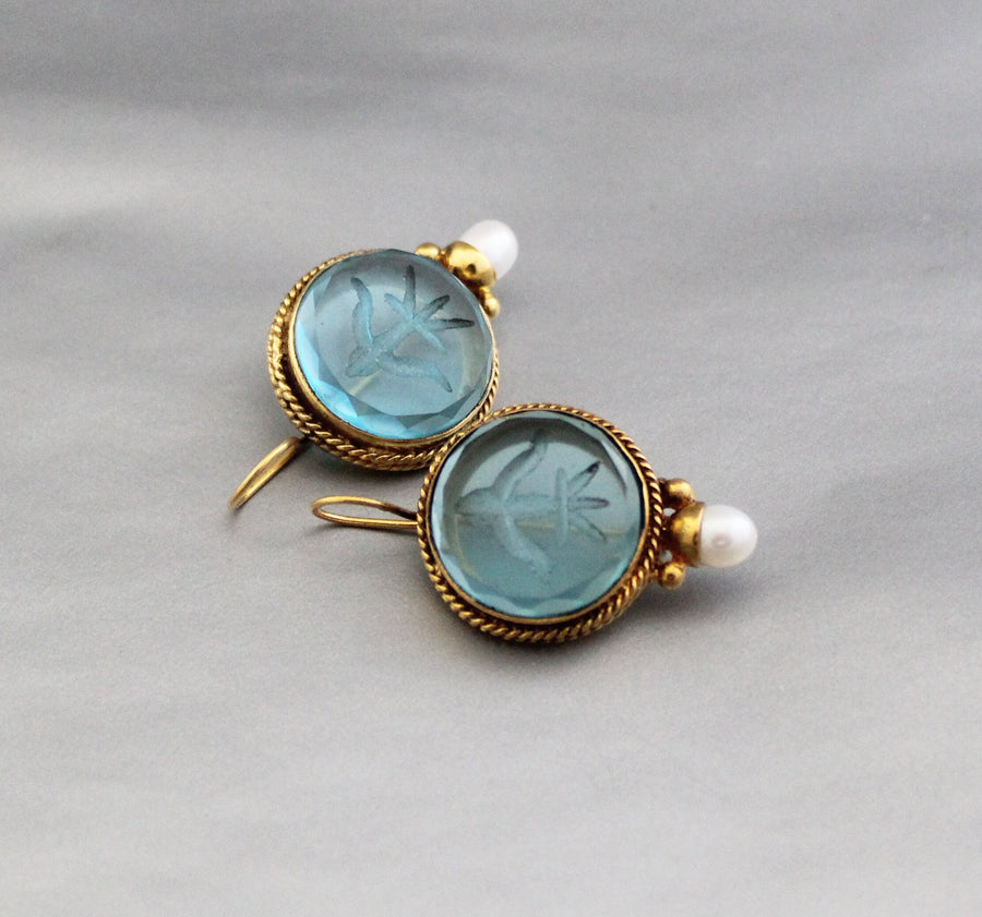 Blue Glass Intaglio Earrings, Victorian Bridal Pearl Drops, photo 9