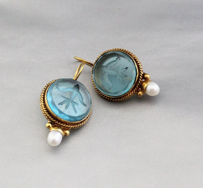 Blue Glass Intaglio Earrings, Victorian Bridal Pearl Drops