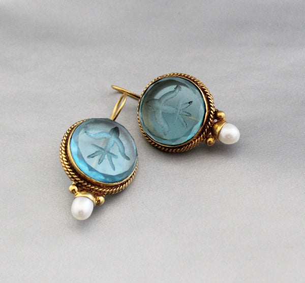 Blue Glass Intaglio Earrings, Victorian Bridal Pearl Drops