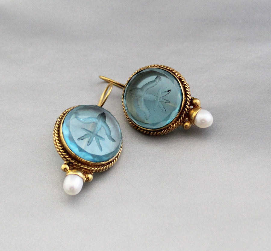 Blue Glass Intaglio Earrings, Victorian Bridal Pearl Drops