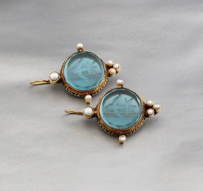 Blue Round Intaglio Earrings, Victorian Bridal Style, Gold Plated, photo 9
