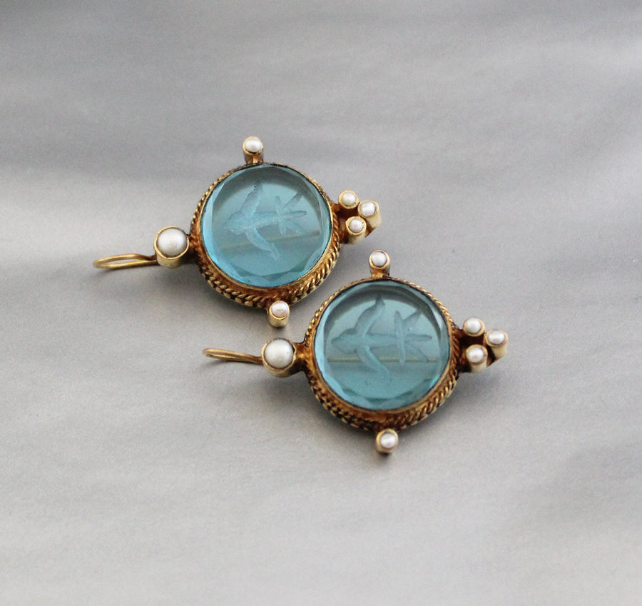 Blue Round Intaglio Earrings, Victorian Bridal Style, Gold Plated, photo 9