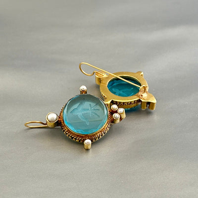 Blue Round Intaglio Earrings, Victorian Bridal Style, Gold Plated, photo 2