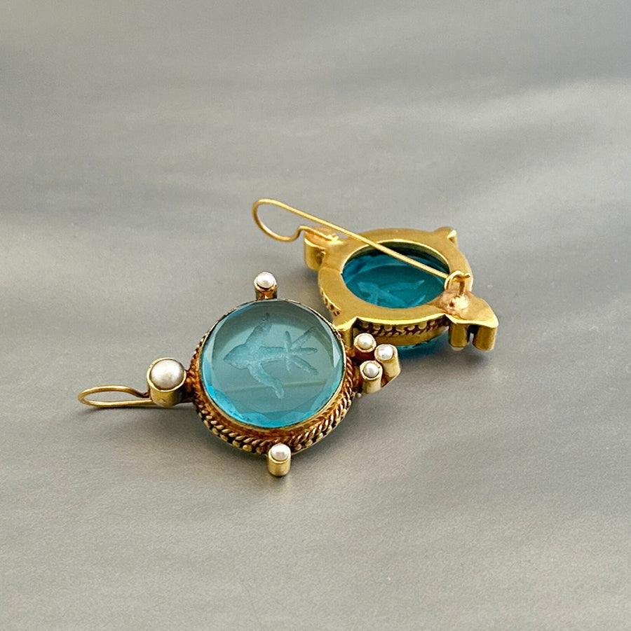 Blue Round Intaglio Earrings, Victorian Bridal Style, Gold Plated, photo 2