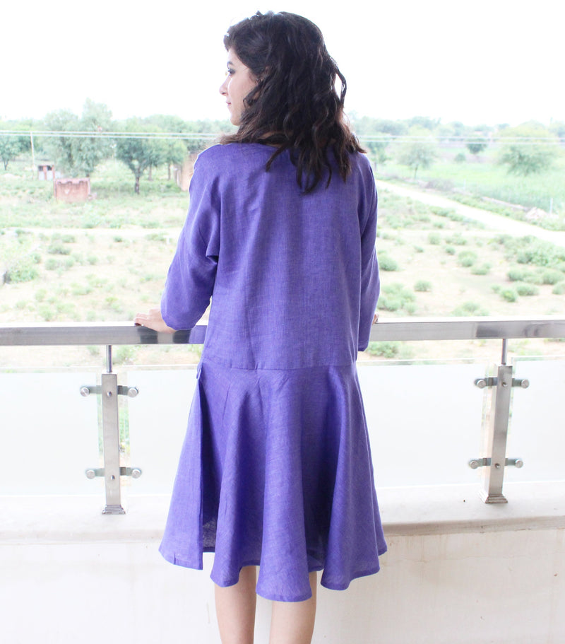 Linen long waist knee length dress with circle skirt, Party dress, Gift for her