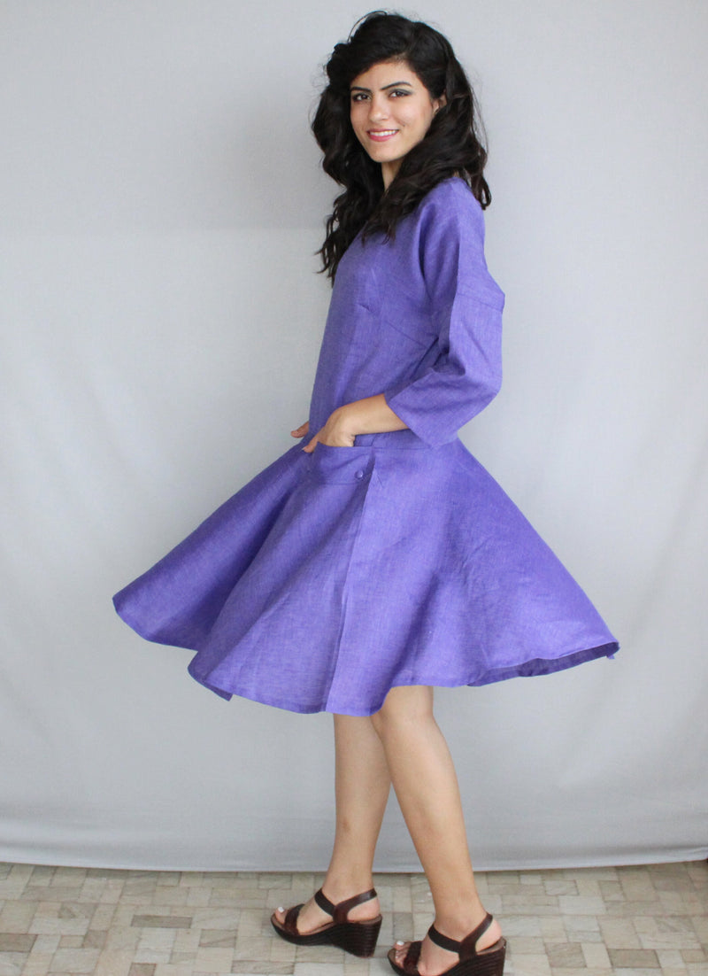 Linen long waist knee length dress with circle skirt, Party dress, Gift for her