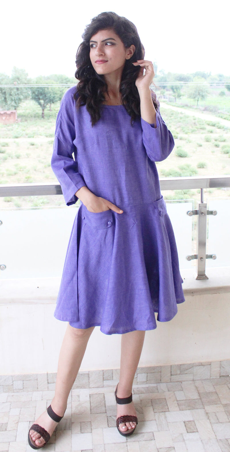 Linen long waist knee length dress with circle skirt, Party dress, Gift for her