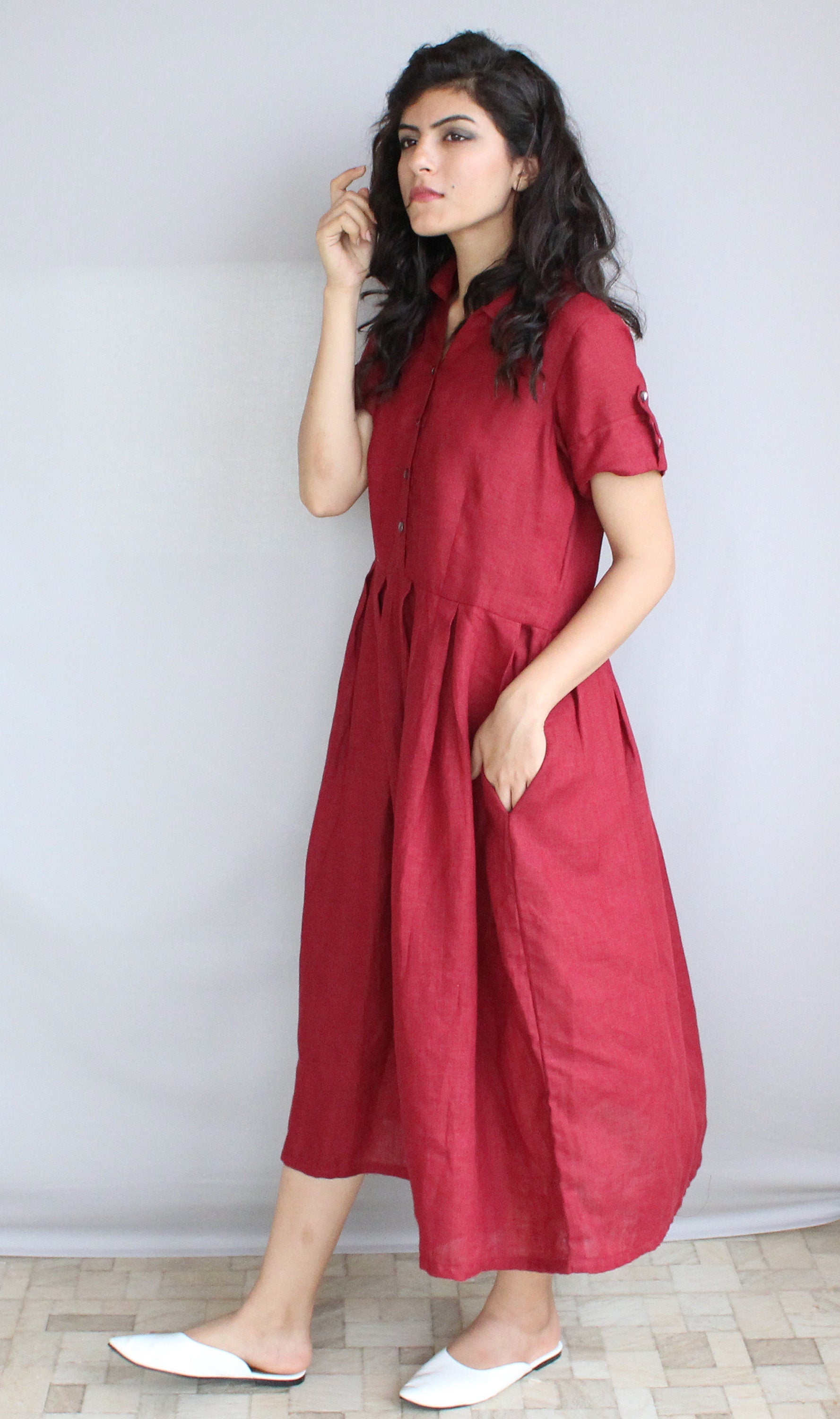 Linen Midi Dress With Shirt collar and Half sleeves, Linen Shirt Dress, Pleated Skirt Dress with Pockets, Empire Tunic, Handmade Outfit