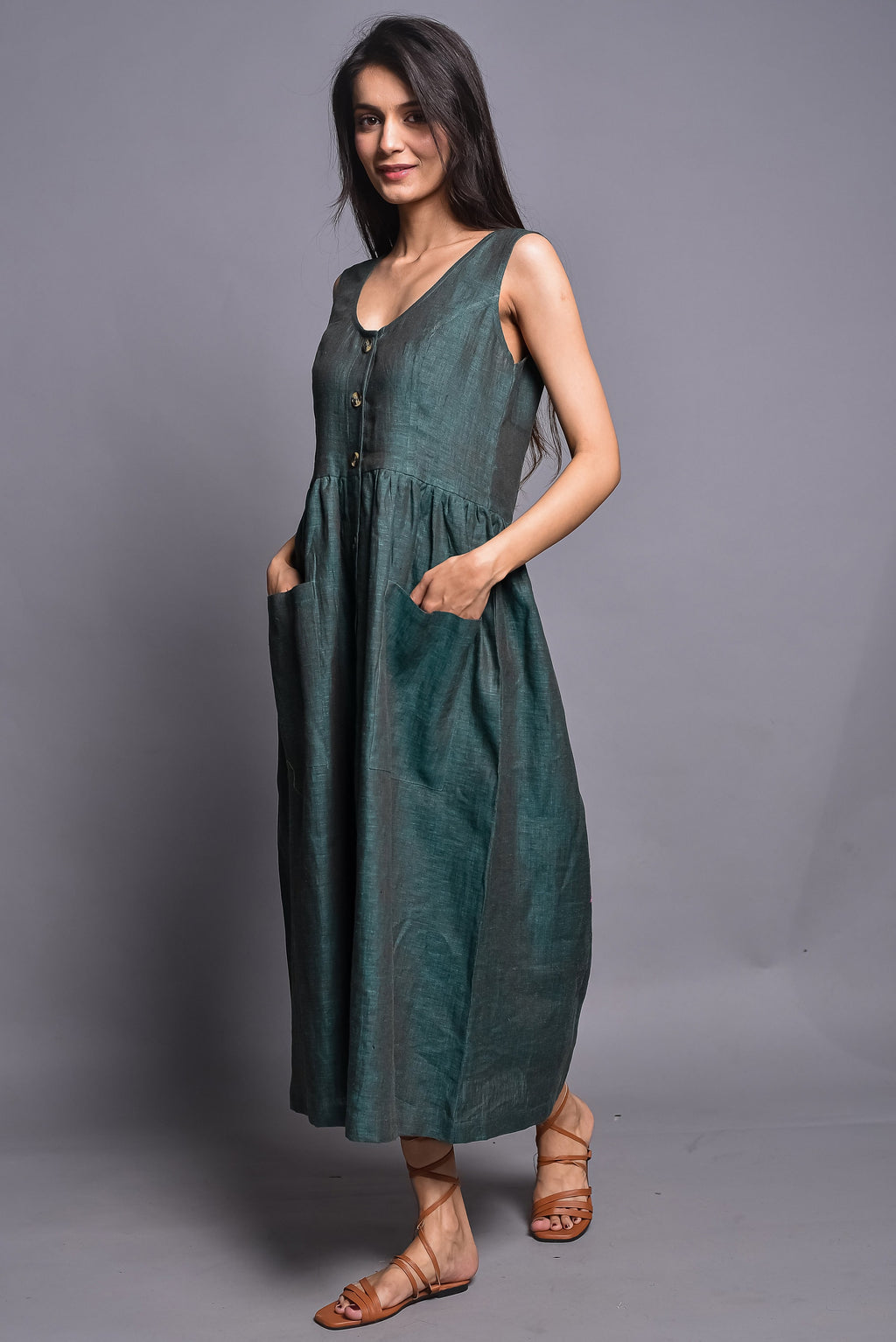 Green Linen Midi Dress with Pockets - Sleeveless Scoop Neck Custom Dress