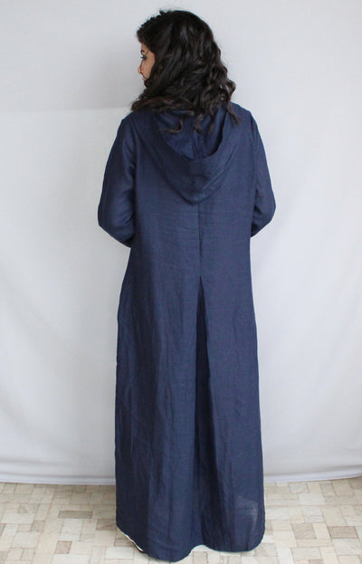 Women’s Linen Maxi Dress with Hood, Boho Long Sleeve Full Length Dress, Long Maxi Dress, Blue Linen Dress, Linen Hoodie Dress