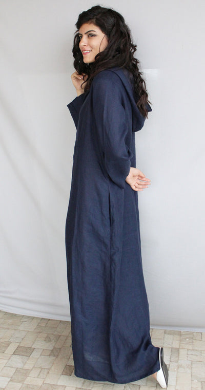 Women’s Linen Maxi Dress with Hood, Boho Long Sleeve Full Length Dress, Long Maxi Dress, Blue Linen Dress, Linen Hoodie Dress