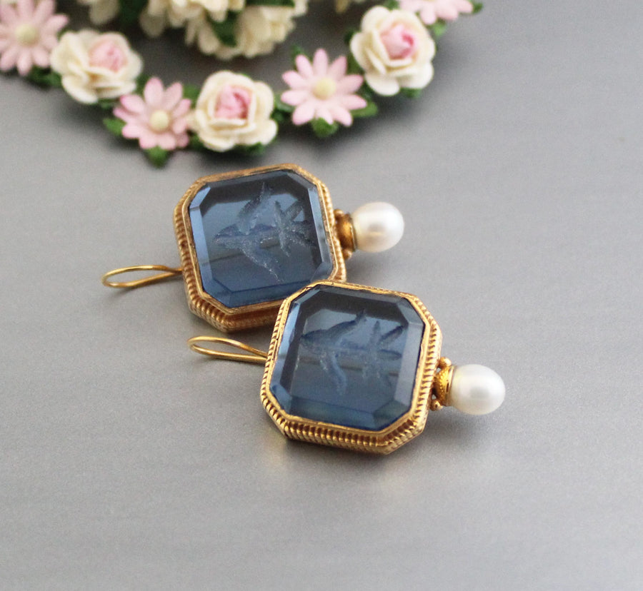 Blue Glass Intaglio Earrings, Victorian Pearl Drops, Gold Vermeil