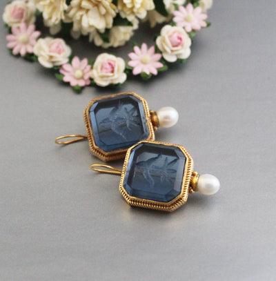 Blue Glass Intaglio Earrings, Victorian Pearl Drops, Gold Vermeil, photo 4