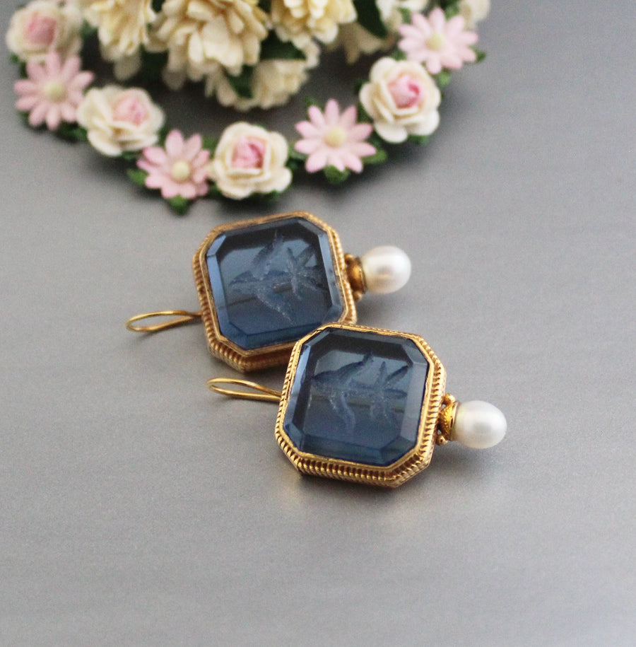 Blue Glass Intaglio Earrings, Victorian Pearl Drops, Gold Vermeil, photo 4