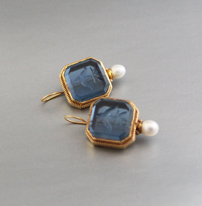 Blue Glass Intaglio Earrings, Victorian Pearl Drops, Gold Vermeil, photo 5