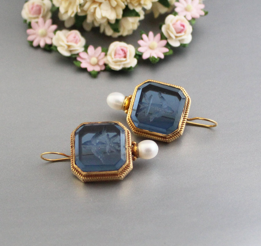 Blue Glass Intaglio Earrings, Victorian Pearl Drops, Gold Vermeil, photo 2