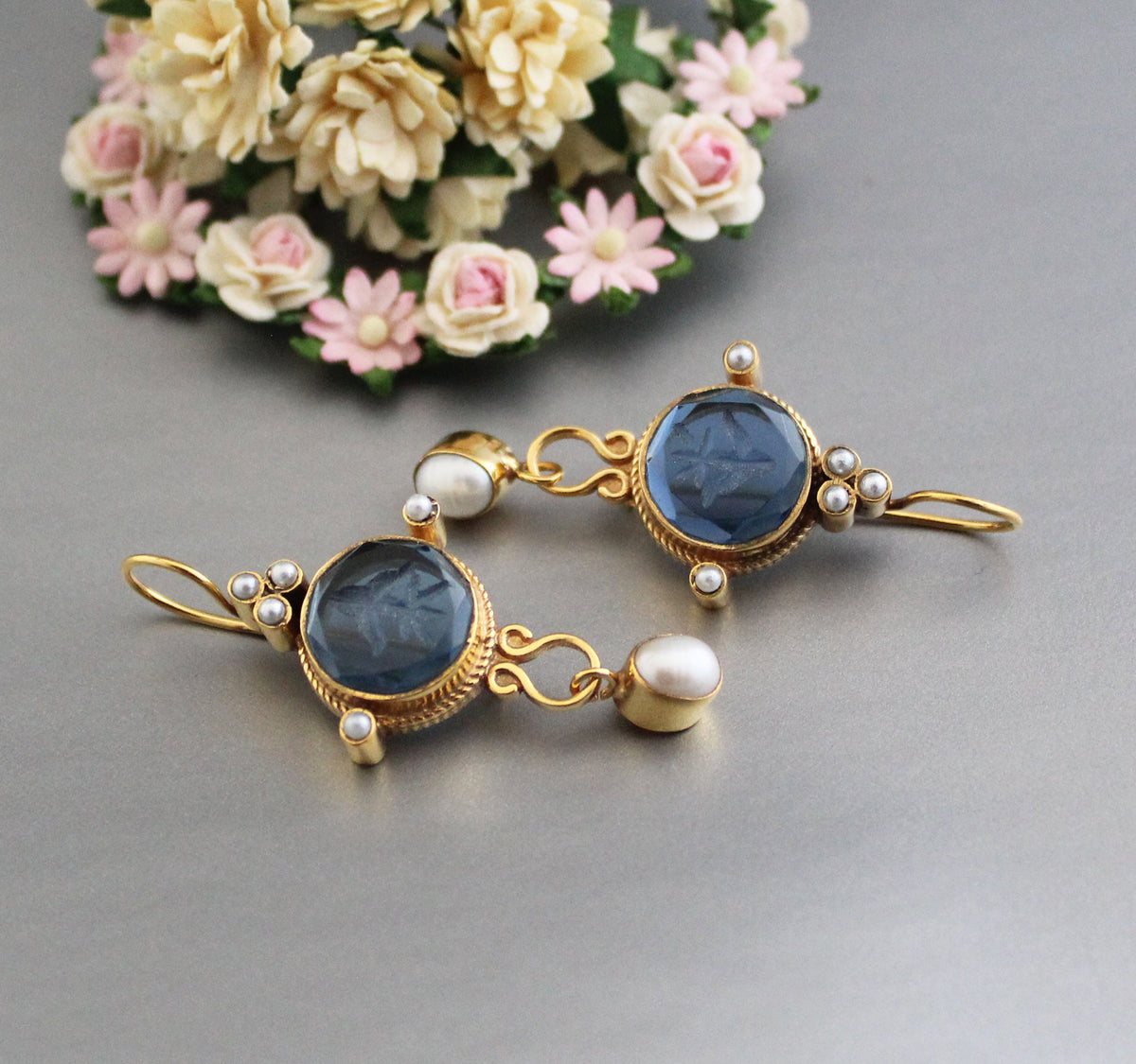 Blue Intaglio Cameo Earrings, Antique Victorian Style, Dainty Gold