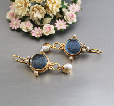 Blue Intaglio Cameo Earrings, Antique Victorian Style, Dainty Gold