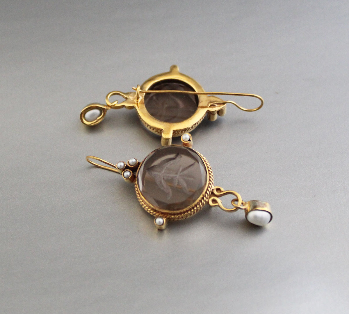 Intaglio Glass Earrings, Art Nouveau Style, Brass Dangles, photo 6
