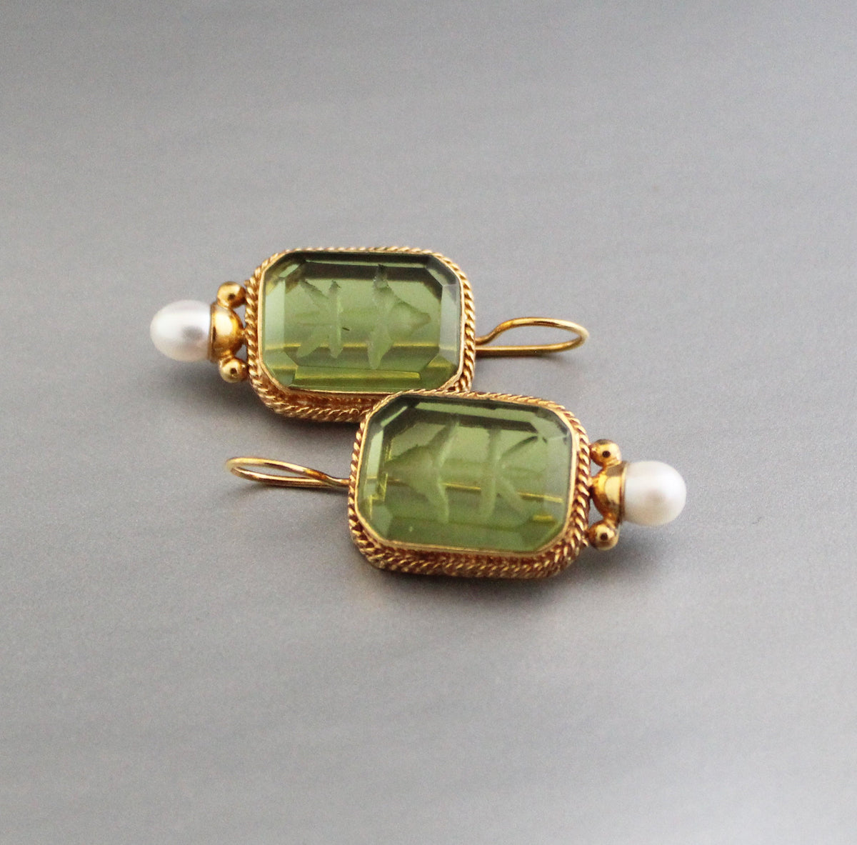 Green Glass Intaglio Earrings, Bridal Pearl Accent, Brass, photo 5