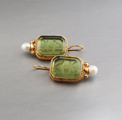 Green Glass Intaglio Earrings, Bridal Pearl Accent, Brass, photo 5