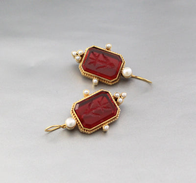 Red Glass Intaglio Earrings, Victorian Style, 18K Gold, photo 4
