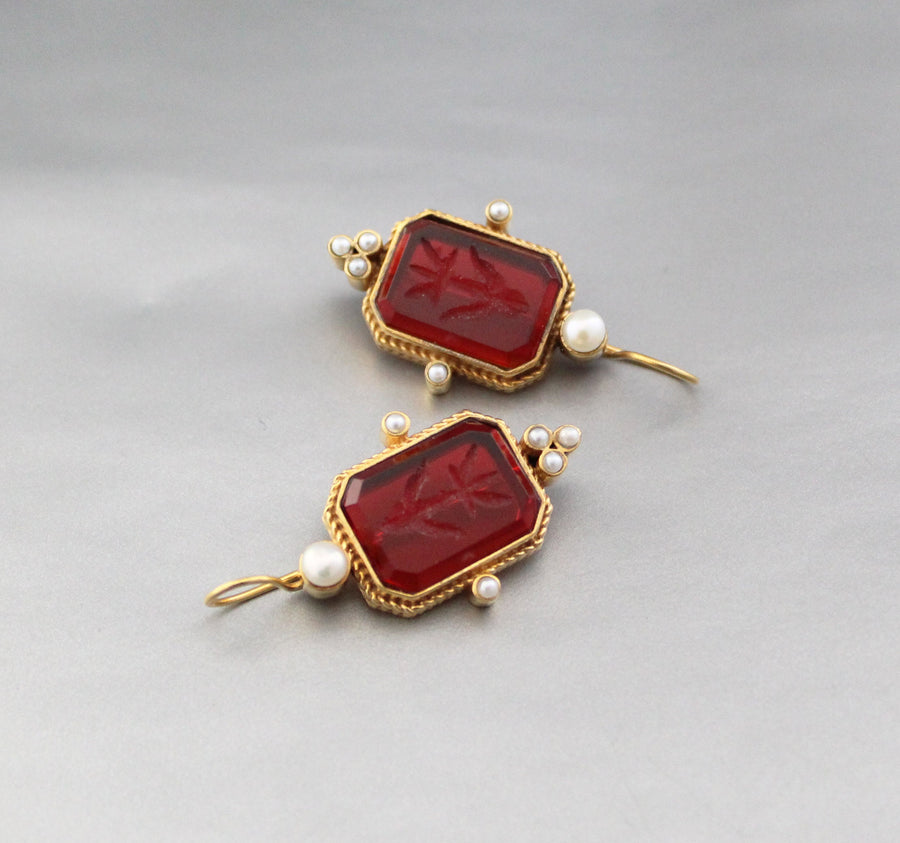 Red Glass Intaglio Earrings, Victorian Style, 18K Gold, photo 4