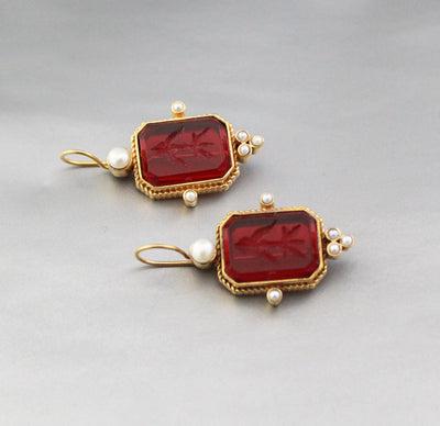 Red Glass Intaglio Earrings, Victorian Style, 18K Gold, photo 5
