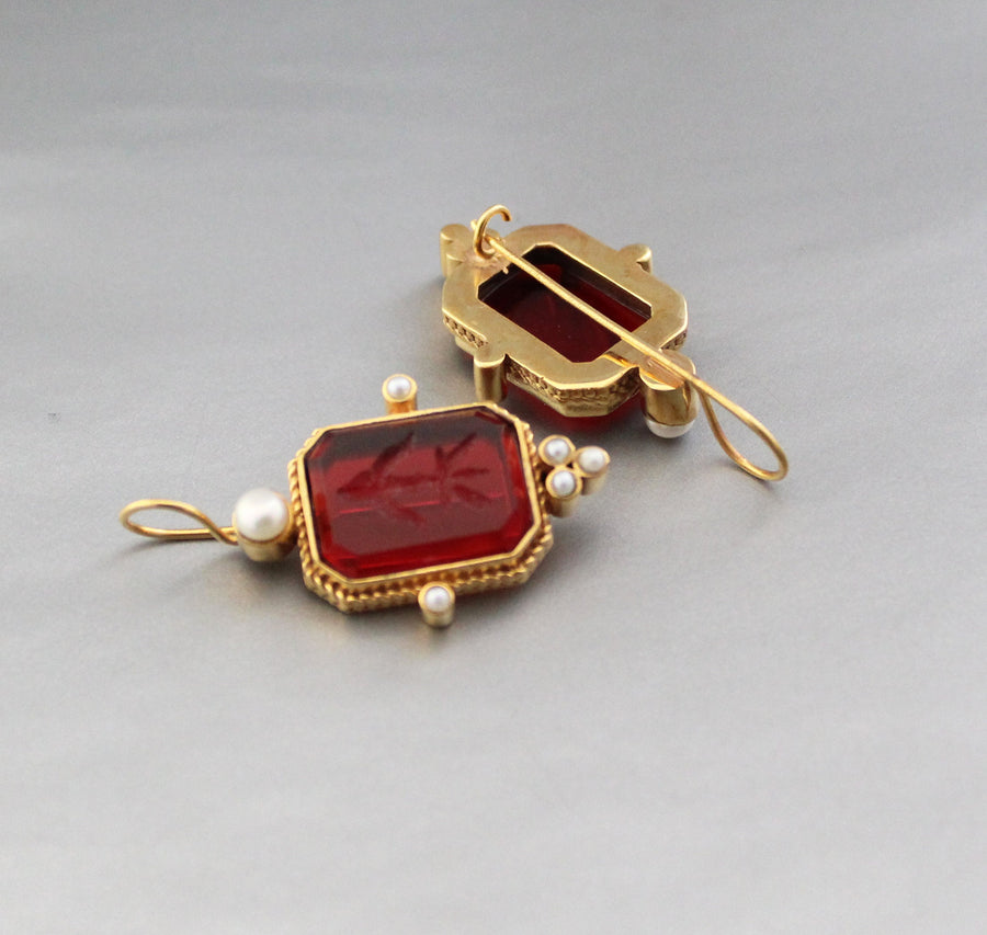 Red Glass Intaglio Earrings, Victorian Style, 18K Gold