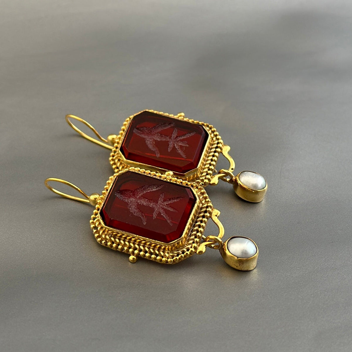 Red Glass Intaglio Earrings, Roman Style, 18K Gold, photo 2