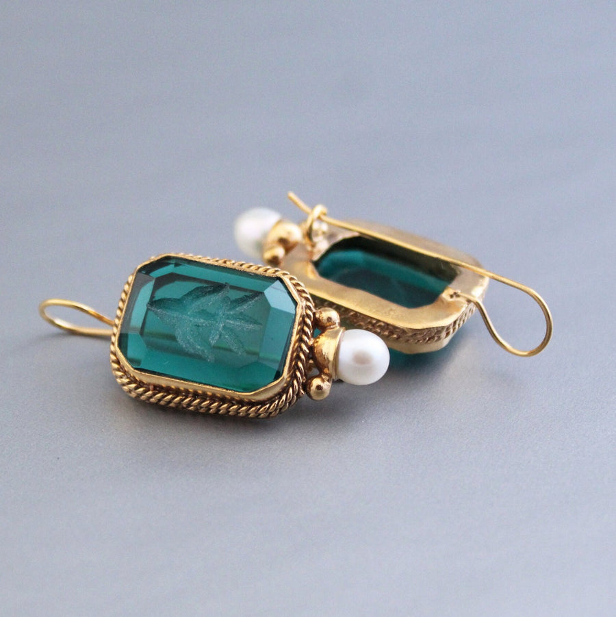 Intaglio Glass Earrings, Vintage Victorian Brass with Pearl, photo 2