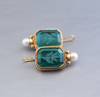 Intaglio Glass Earrings, Vintage Victorian Brass with Pearl, photo 4