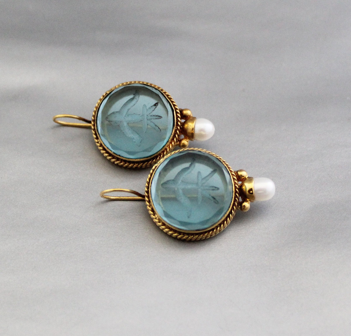 Blue Glass Intaglio Earrings, Victorian Bridal Pearl Drops, photo 2