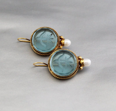 Blue Glass Intaglio Earrings, Victorian Bridal Pearl Drops, photo 2