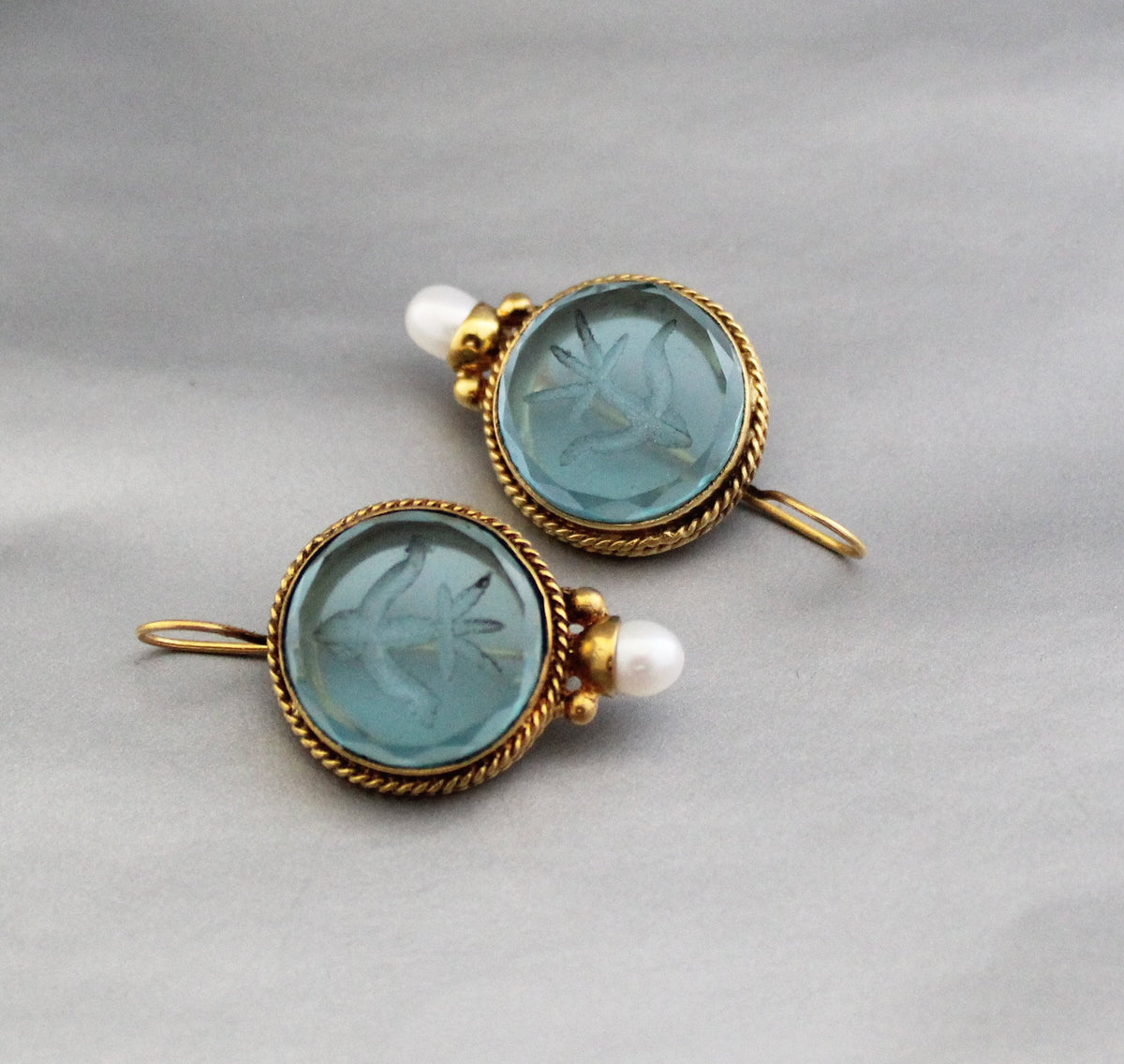 Blue Glass Intaglio Earrings, Victorian Bridal Pearl Drops, photo 8