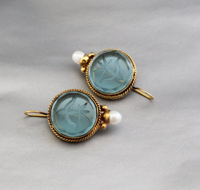 Blue Glass Intaglio Earrings, Victorian Bridal Pearl Drops, photo 8