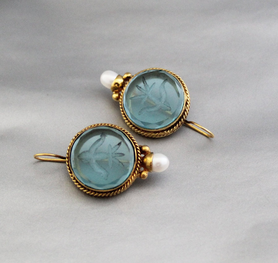 Blue Glass Intaglio Earrings, Victorian Bridal Pearl Drops, photo 8