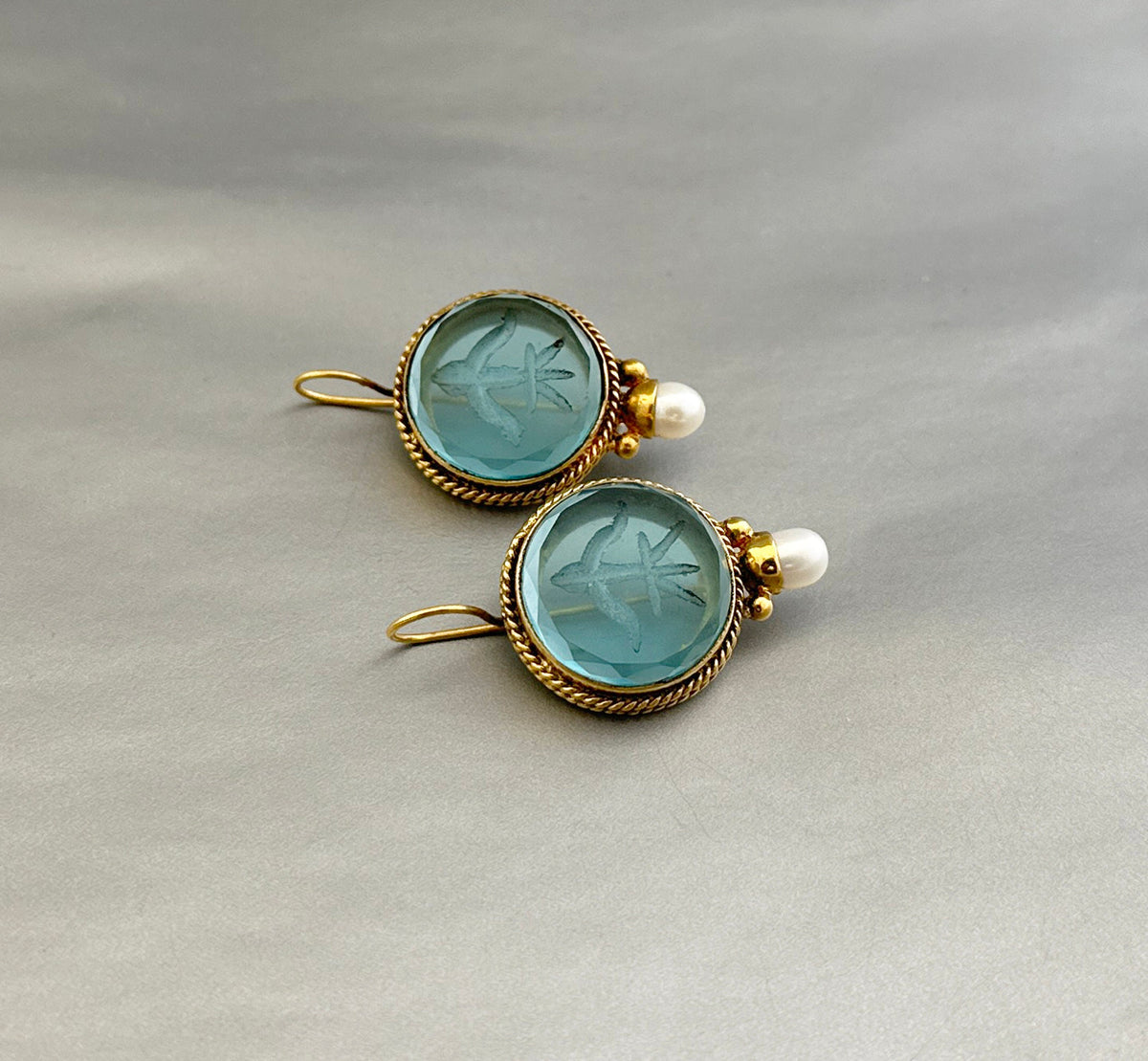 Blue Glass Intaglio Earrings, Victorian Bridal Pearl Drops, photo 7