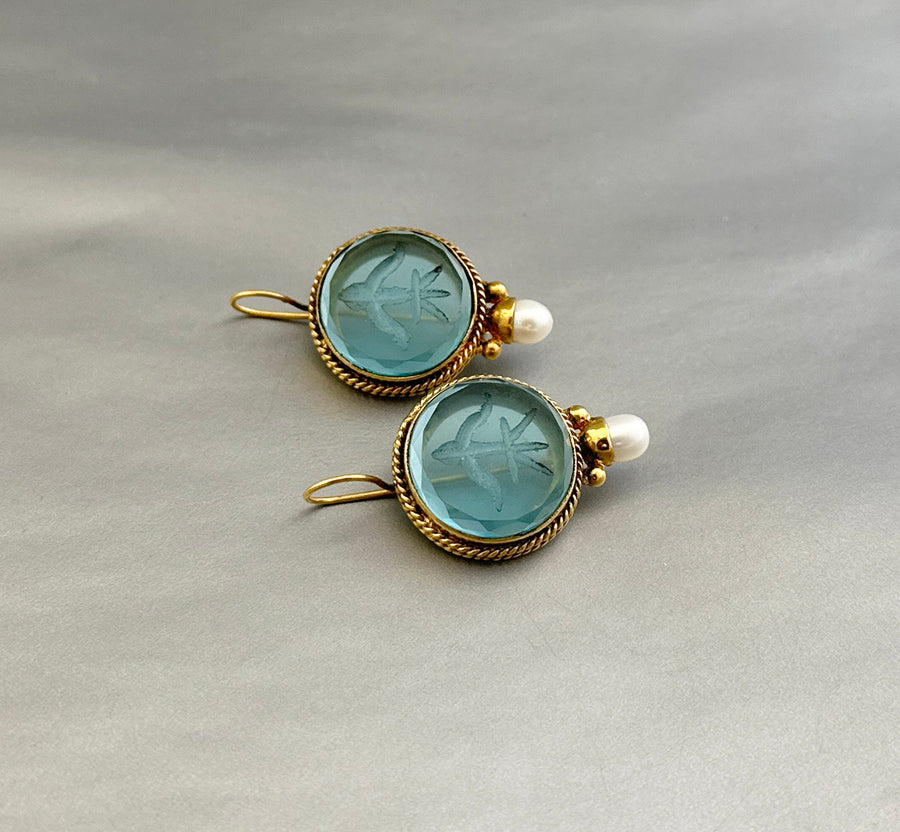Blue Glass Intaglio Earrings, Victorian Bridal Pearl Drops, photo 7