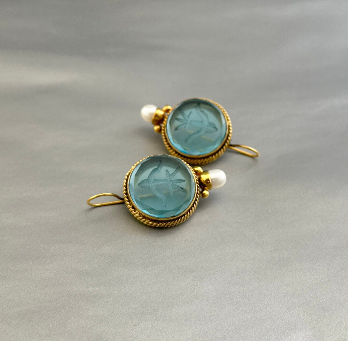 Blue Glass Intaglio Earrings, Victorian Bridal Pearl Drops, photo 6
