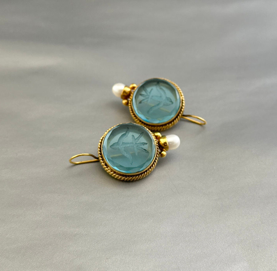 Blue Glass Intaglio Earrings, Victorian Bridal Pearl Drops, photo 6