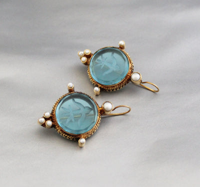 Blue Round Intaglio Earrings, Victorian Bridal Style, Gold Plated, photo 6