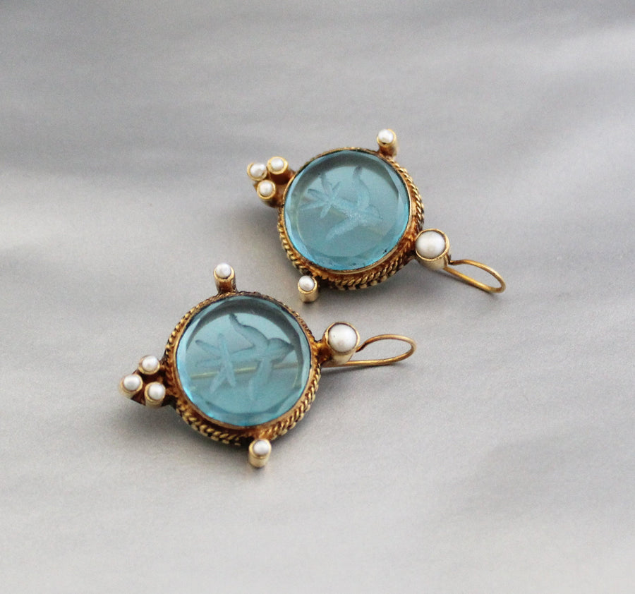 Blue Round Intaglio Earrings, Victorian Bridal Style, Gold Plated, photo 6